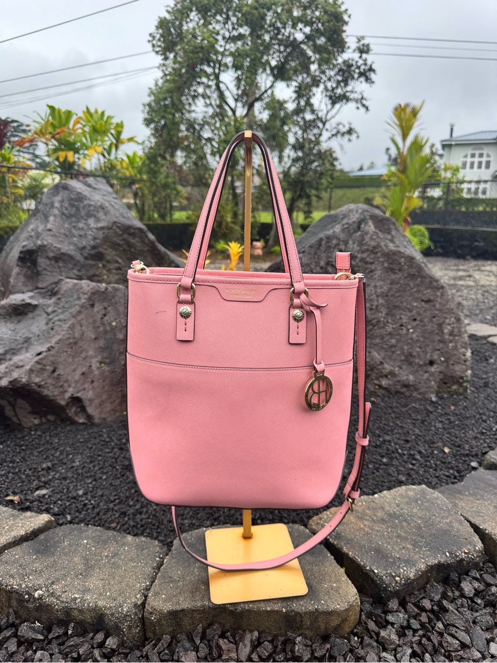 Henri Bendel Pink Saffiano Leather Tote Crossbody Bag Gold Hardware